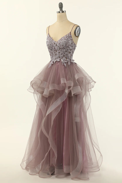 Spaghetti Straps Tulle Appliques Prom Dress