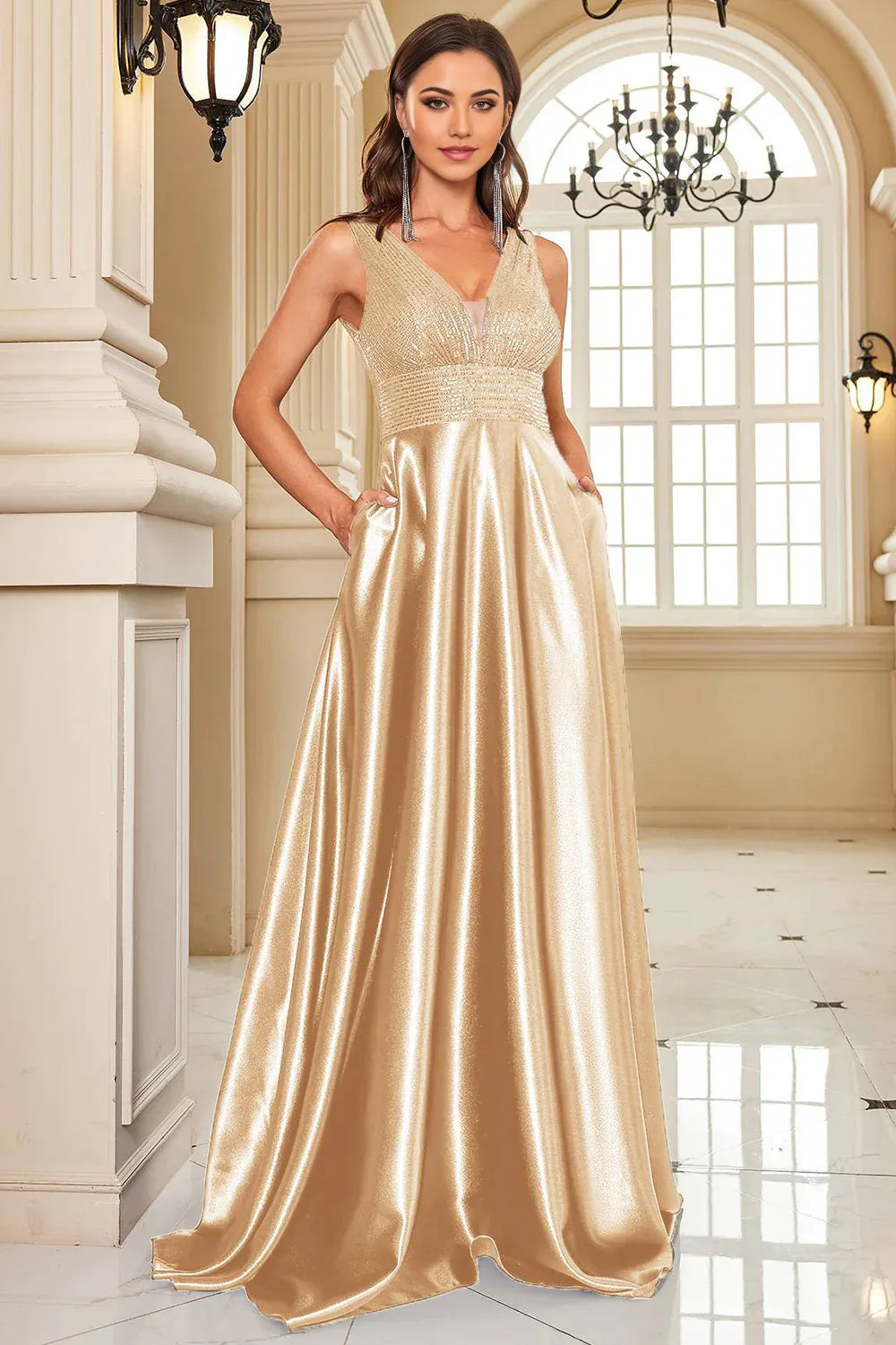 A-Line Wedding Guest Evening Party Court Train Sleeveless Long Prom Dress Formal Dress with Sequins
