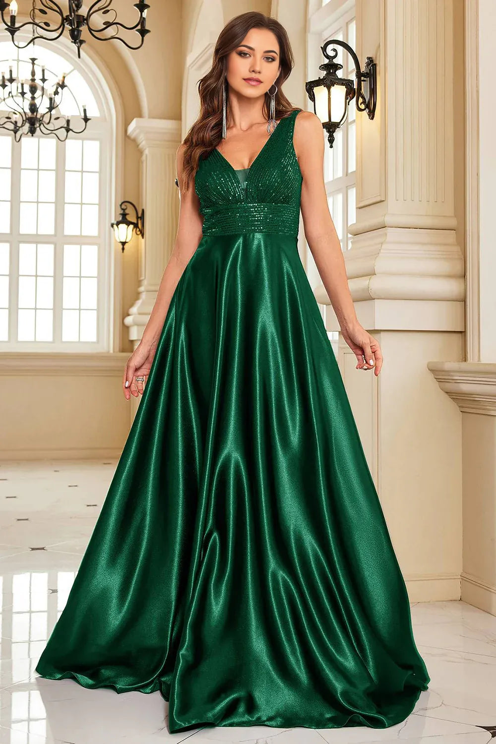 A-Line Wedding Guest Evening Party Court Train Sleeveless Long Prom Dress Formal Dress with Sequins