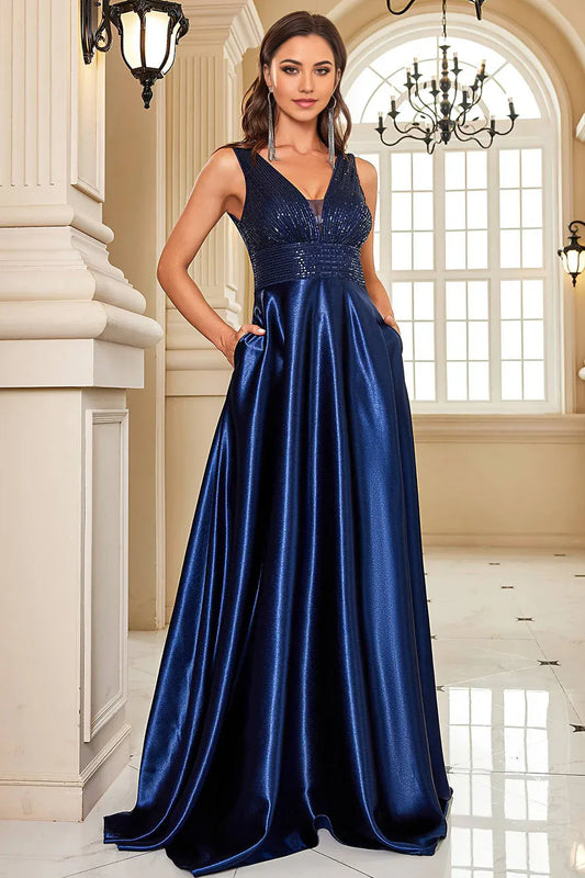 A-Line Wedding Guest Evening Party Court Train Sleeveless Long Prom Dress Formal Dress with Sequins