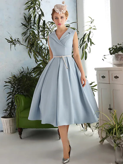 A-Line Elegant Vintage Inspired Cocktail Party Prom Dress V Neck Sleeveless Tea Length Spandex with Sash Ribbon