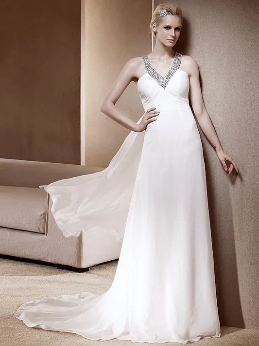 Princess A-Line Wedding Dresses V Neck Court Train Chiffon Sleeveless Sparkle &amp; Shine with Sequin