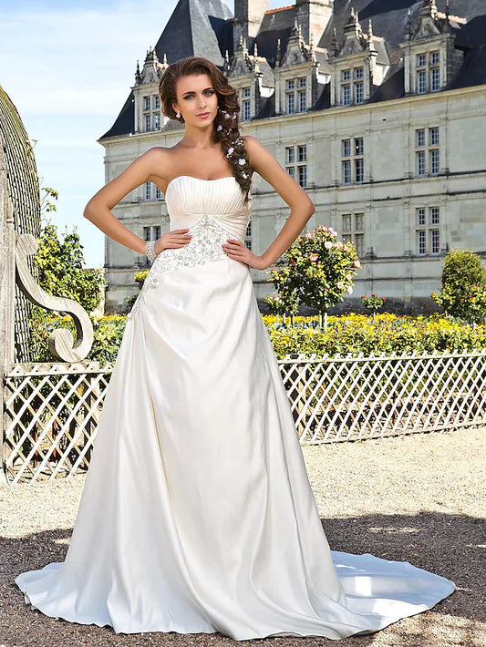 Princess A-Line Floor Length Wedding Dresses Strapless Chapel Train Satin Sleeveless With Embroidery