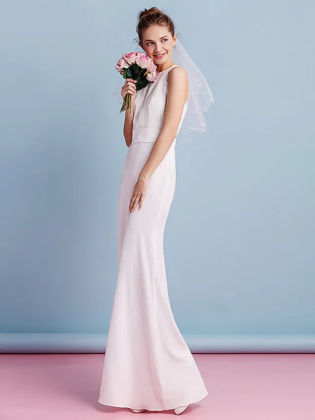 Wedding Dresses Halter Neck Floor Length Chiffon Lace Regular Straps Floral Lace with Lace Sash Ribbon