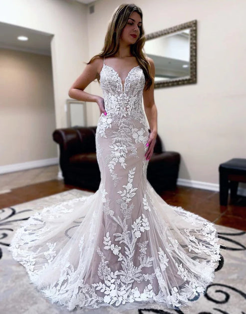 Champagne Mermaid Spaghetti Straps Sweep Train Wedding Dress Beautiful