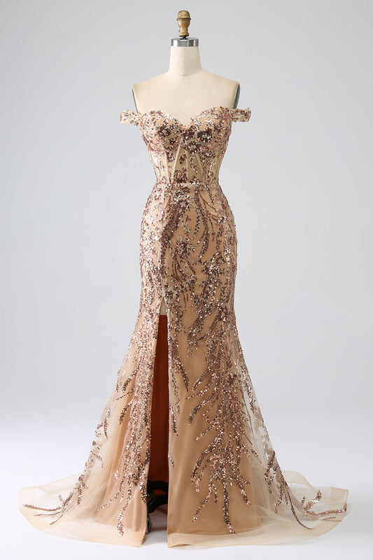 Sparkly Mermaid Off The Shoulder Champagne Corset Prom Dress with Slit Beautiful