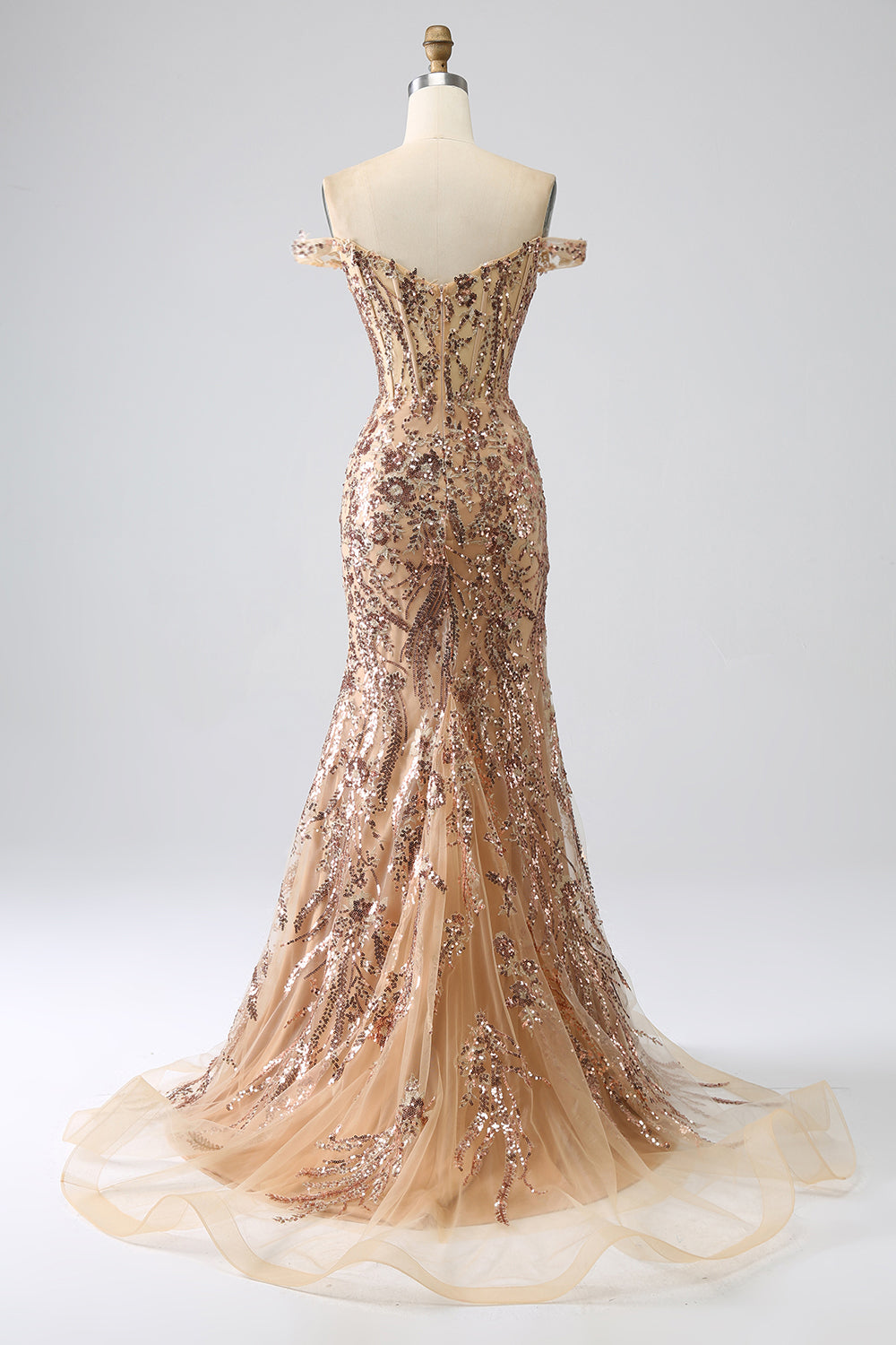 Sparkly Mermaid Off The Shoulder Champagne Corset Prom Dress with Slit Beautiful