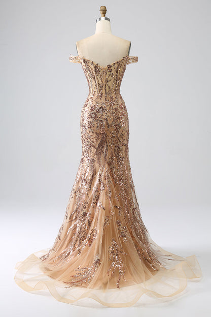 Sparkly Mermaid Off The Shoulder Champagne Corset Prom Dress with Slit Beautiful
