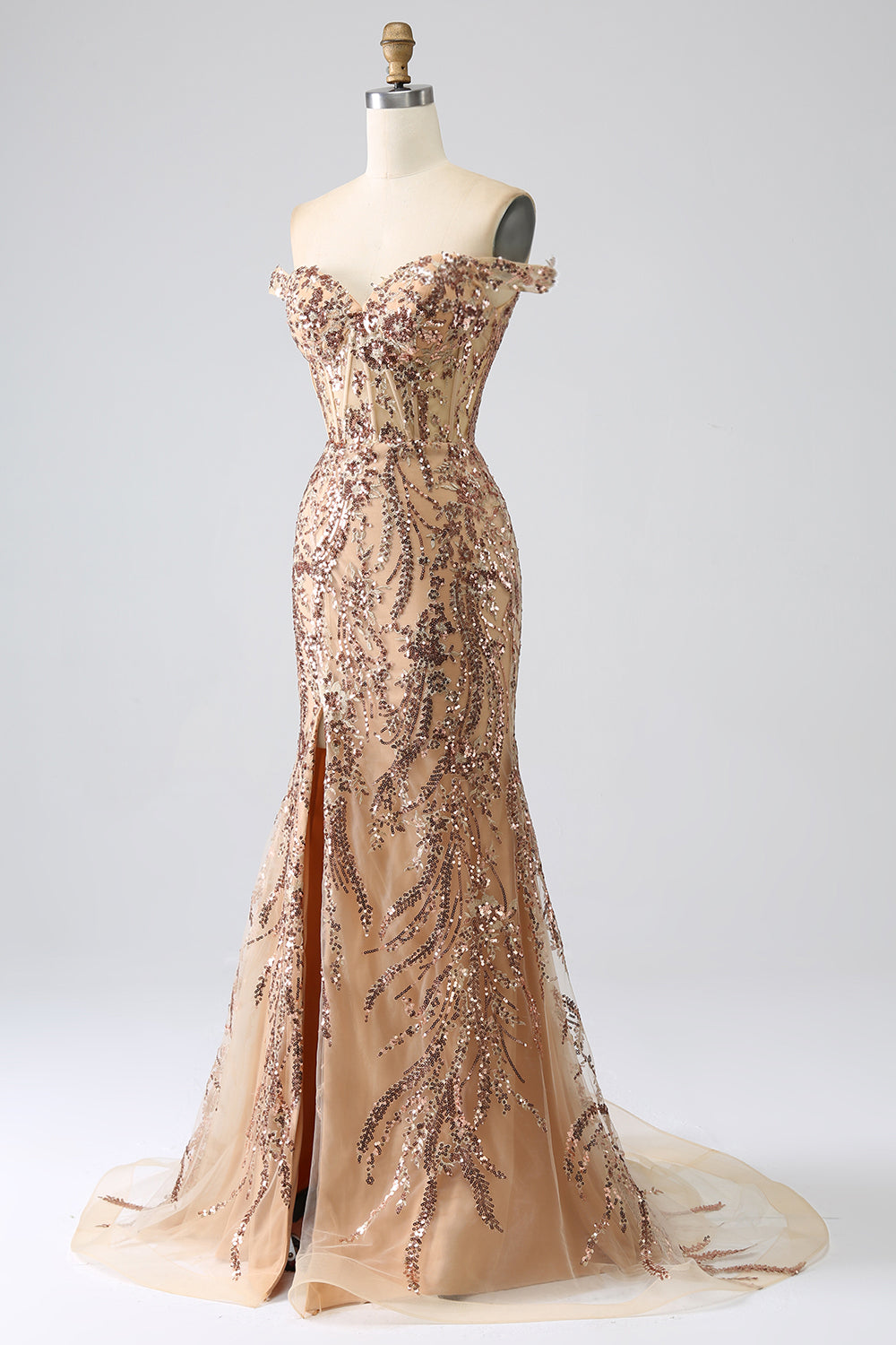 Sparkly Mermaid Off The Shoulder Champagne Corset Prom Dress with Slit Beautiful