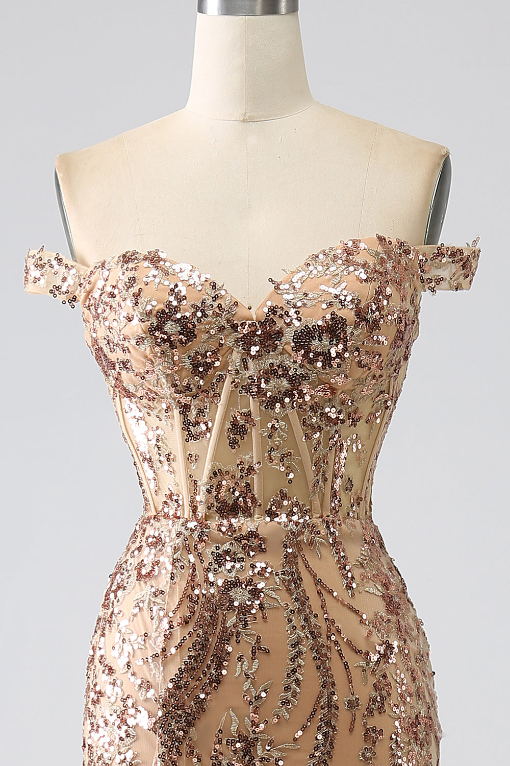 Sparkly Mermaid Off The Shoulder Champagne Corset Prom Dress with Slit Beautiful