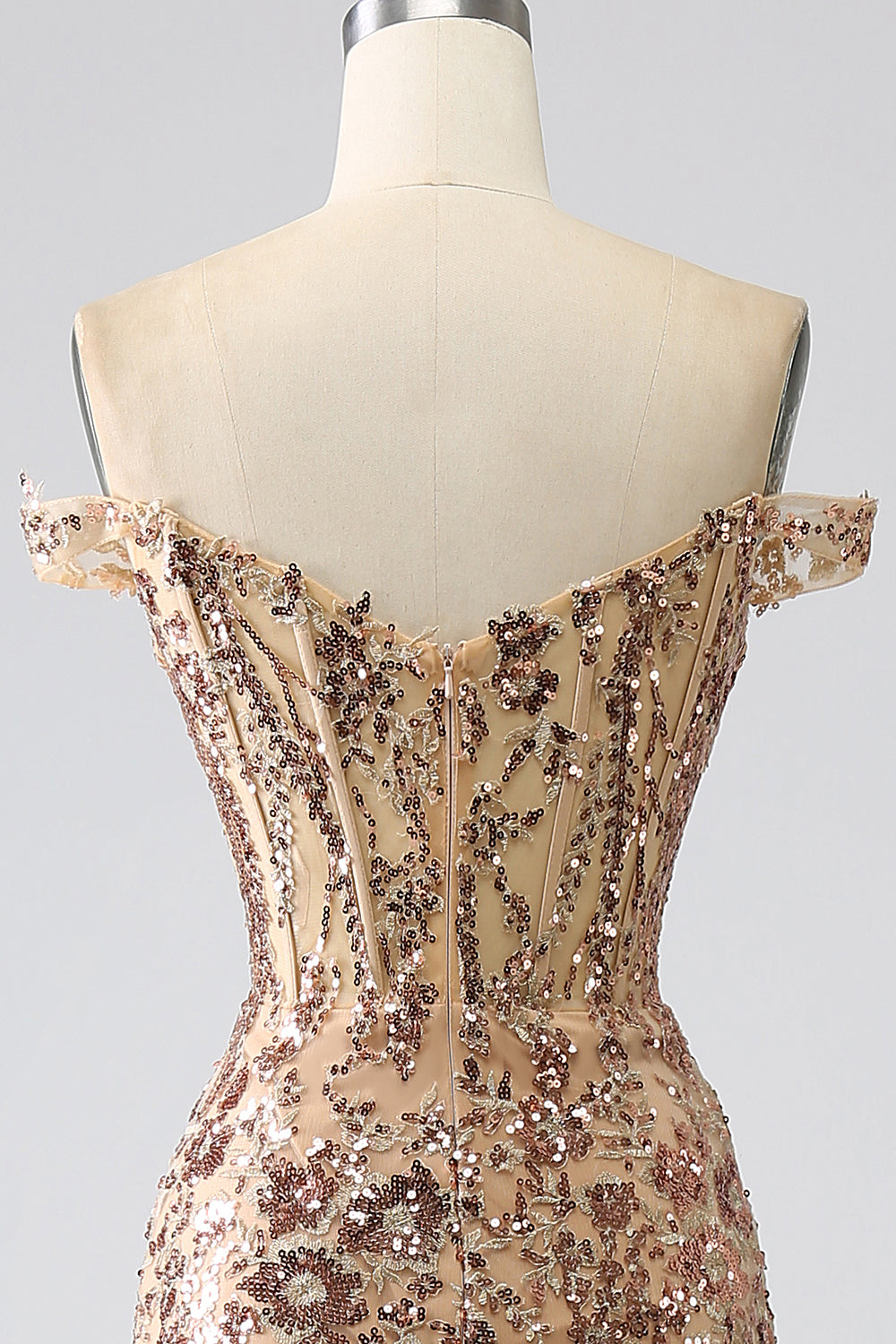 Sparkly Mermaid Off The Shoulder Champagne Corset Prom Dress with Slit Beautiful