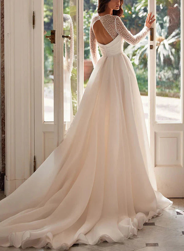 Charming A-Line Square Neckline Long Sleeves Wedding Dresses With Split Elegant Bridal Gown