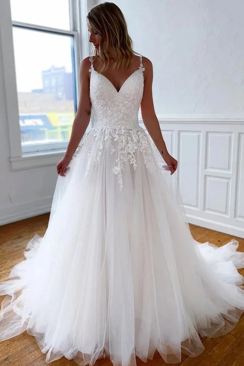 A Line Spaghetti Straps Tulle Sweep Train Wedding Dresses With Appliques Beautiful