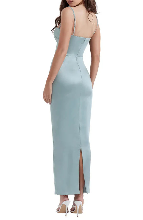 Elegant slim shoulder strap off shoulder satin long backless evening dress Sexy