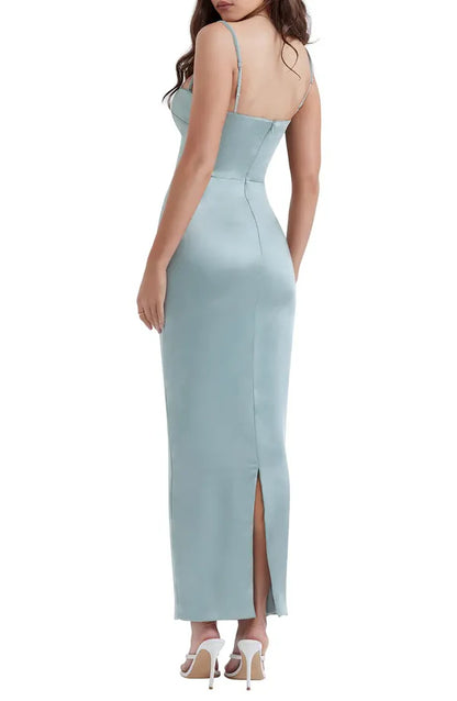 Elegant slim shoulder strap off shoulder satin long backless evening dress Sexy