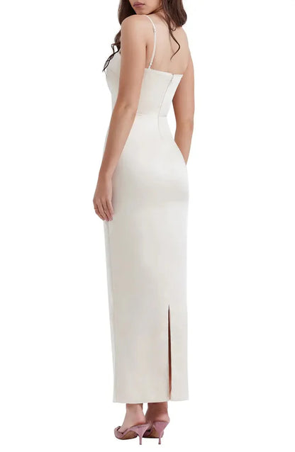 Elegant slim shoulder strap off shoulder satin long backless evening dress Sexy