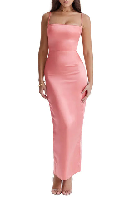 Elegant slim shoulder strap off shoulder satin long backless evening dress Sexy