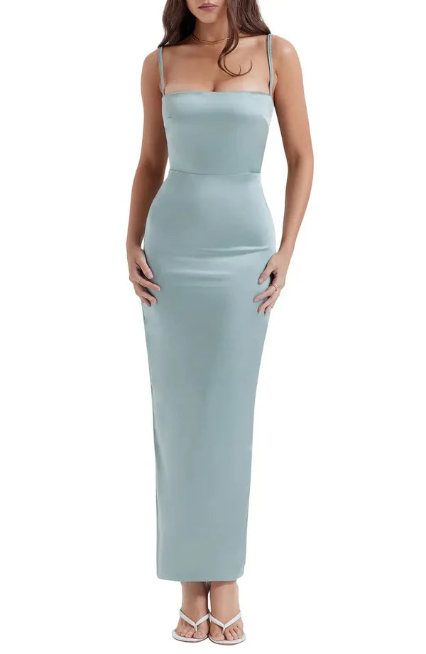 Elegant slim shoulder strap off shoulder satin long backless evening dress Sexy