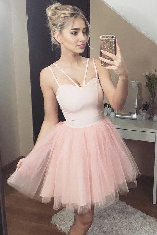 A-Line/Princess Tulle Spaghetti Straps Sleeveless Short/Mini Homecoming Dresses