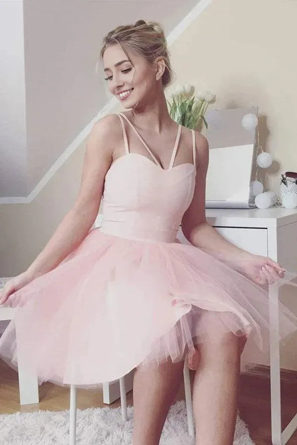 A-Line/Princess Tulle Spaghetti Straps Sleeveless Short/Mini Homecoming Dresses