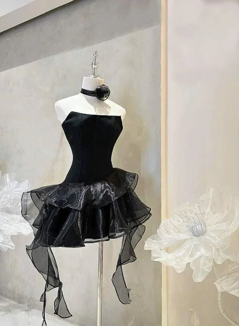 Cute Black A-Line Strapless Ruffles Lovely Homecoming Dress Pretty Short Birthday Party Dress