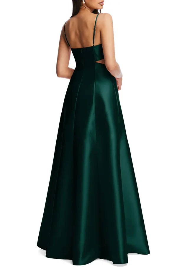 Noble thin shoulder strap open shoulder hollowed out satin surface backlss and floor length evening dress With Slit