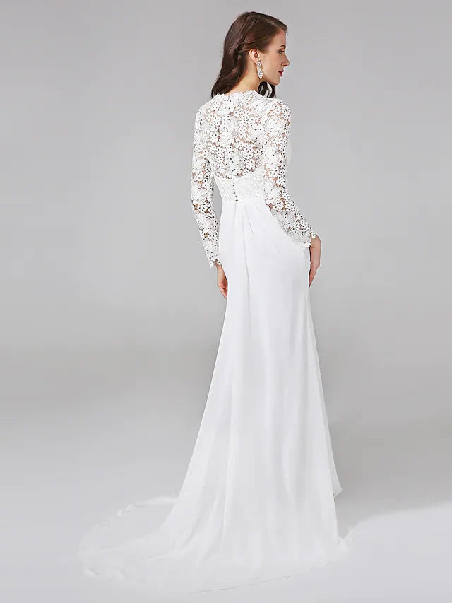 Wedding Dresses V NeckChiffon Floral Lace Long Sleeve Romantic Boho Illusion Sleeve with Back Lace Button