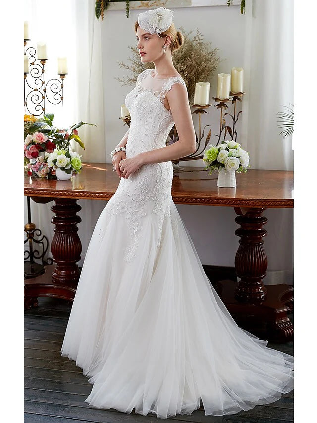 Wedding Dresses Illusion Neck Court Train Tulle Sleeveless Sparkle & Shine with Beading Appliques