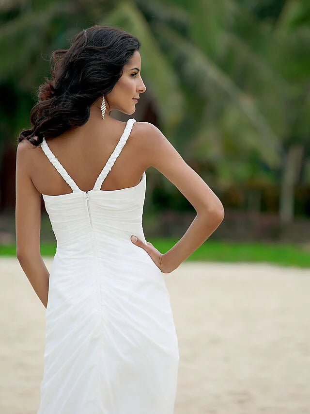 A-Line Wedding Dresses V Neck Asymmetrical Chiffon Spaghetti Strap Formal Casual Backless with Ruched