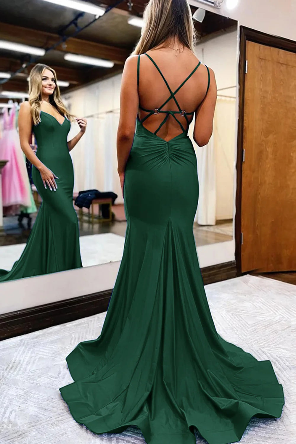 A Line V neck Mermaid Spaghetti Straps Long Prom Dress