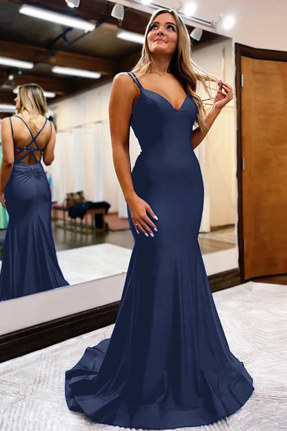 A Line V neck Mermaid Spaghetti Straps Long Prom Dress