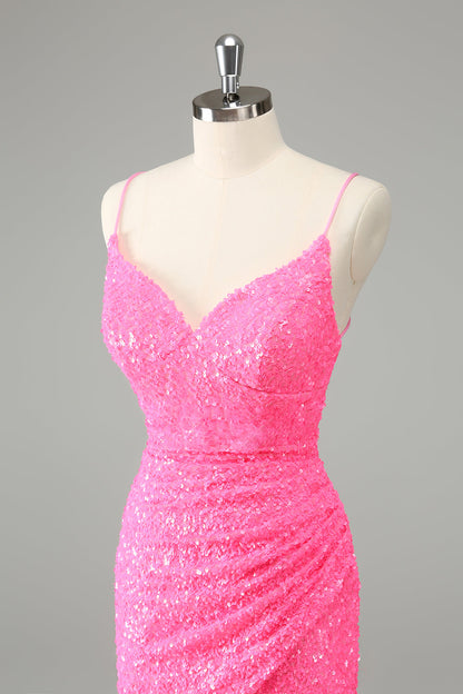 Chic Glitter Hot Pink Bodycon Spaghetti Straps Sequins Short Homecoming Dress Sparkly