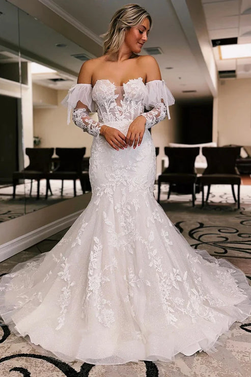White Floral Lace Sweetheart Mermaid Wedding Dress with Detachable Sleeves Off Shoulder