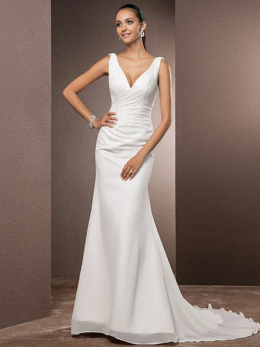 Wedding Dresses V Neck Court Train Chiffon Over Satin Regular Straps Vintage Backless Elegant with Side-Draped