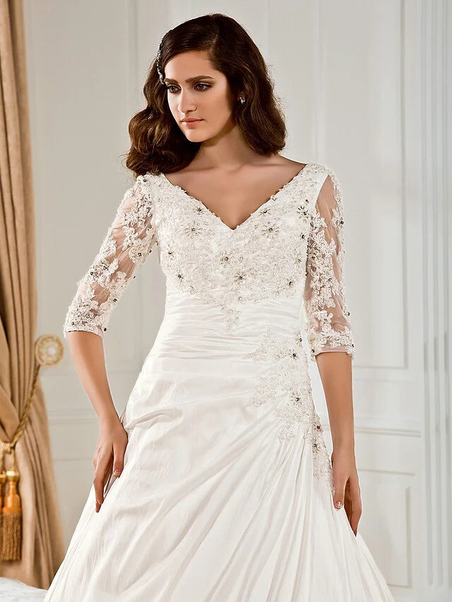 Ball Gown Wedding Dresses V Neck Chapel Train Taffeta Half Sleeve See-Through with Ruched Beading Appliques