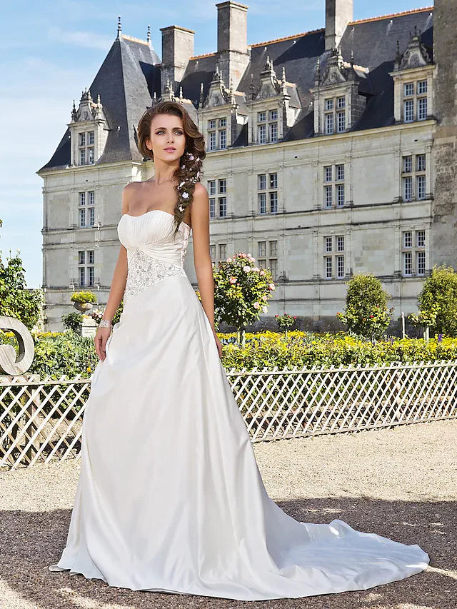 Princess A-Line Floor Length Wedding Dresses Strapless Chapel Train Satin Sleeveless With Embroidery