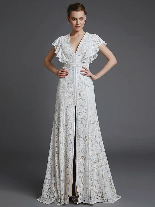 A-Line Wedding Dresses V Neck Lace Sleeveless Boho with Split Front