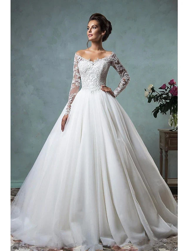 A-Line Wedding Dresses Off Shoulder Court Train Lace Tulle Long Sleeve Formal See-Through with Embroidery