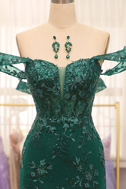 Mermaid Off The Shoulder Dark Green Prom Dress With Appliques Beautiful With Slit