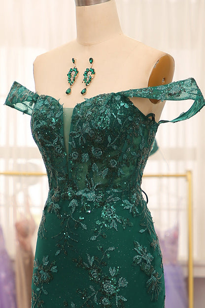 Mermaid Off The Shoulder Dark Green Prom Dress With Appliques Beautiful With Slit