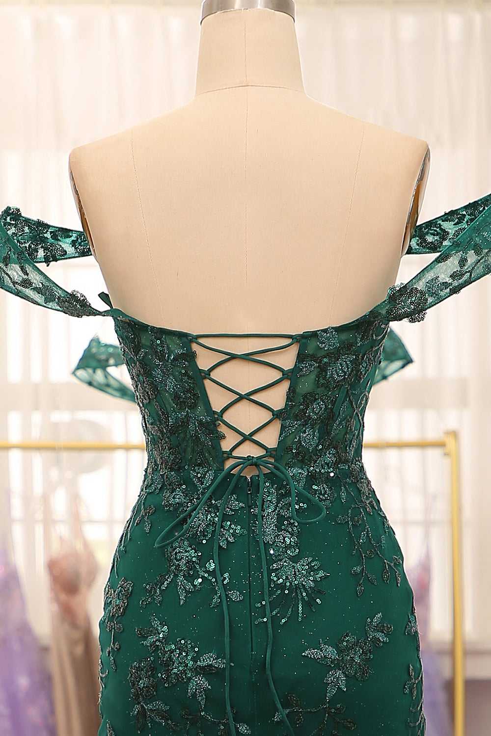 Mermaid Off The Shoulder Dark Green Prom Dress With Appliques Beautiful With Slit