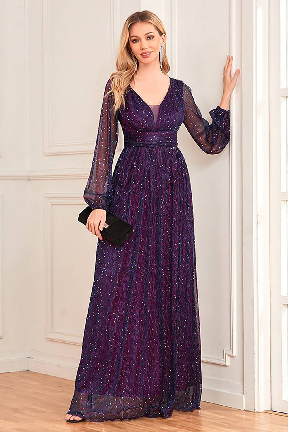 Glitter Light Green Tulle Long Prom Dress V-neck Floor Length Sparkly Evening Dress