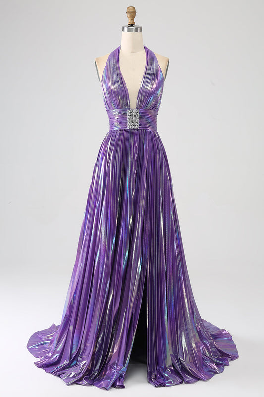 Glitter Purple Pleated Metallic Long Prom Dress with Slit Sexy