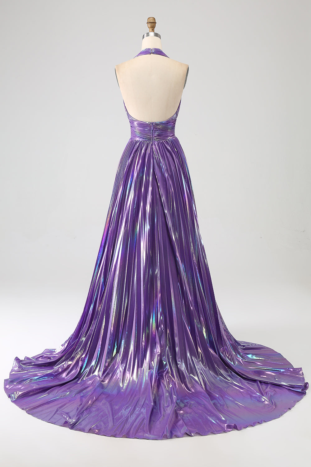 Glitter Purple Pleated Metallic Long Prom Dress with Slit Sexy
