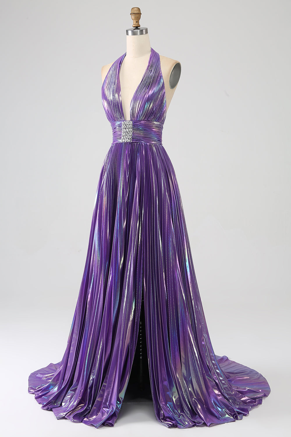 Sexy Purple Halter Pleated Metallic Long Prom Dress with Slit Charming Evening Party Dress