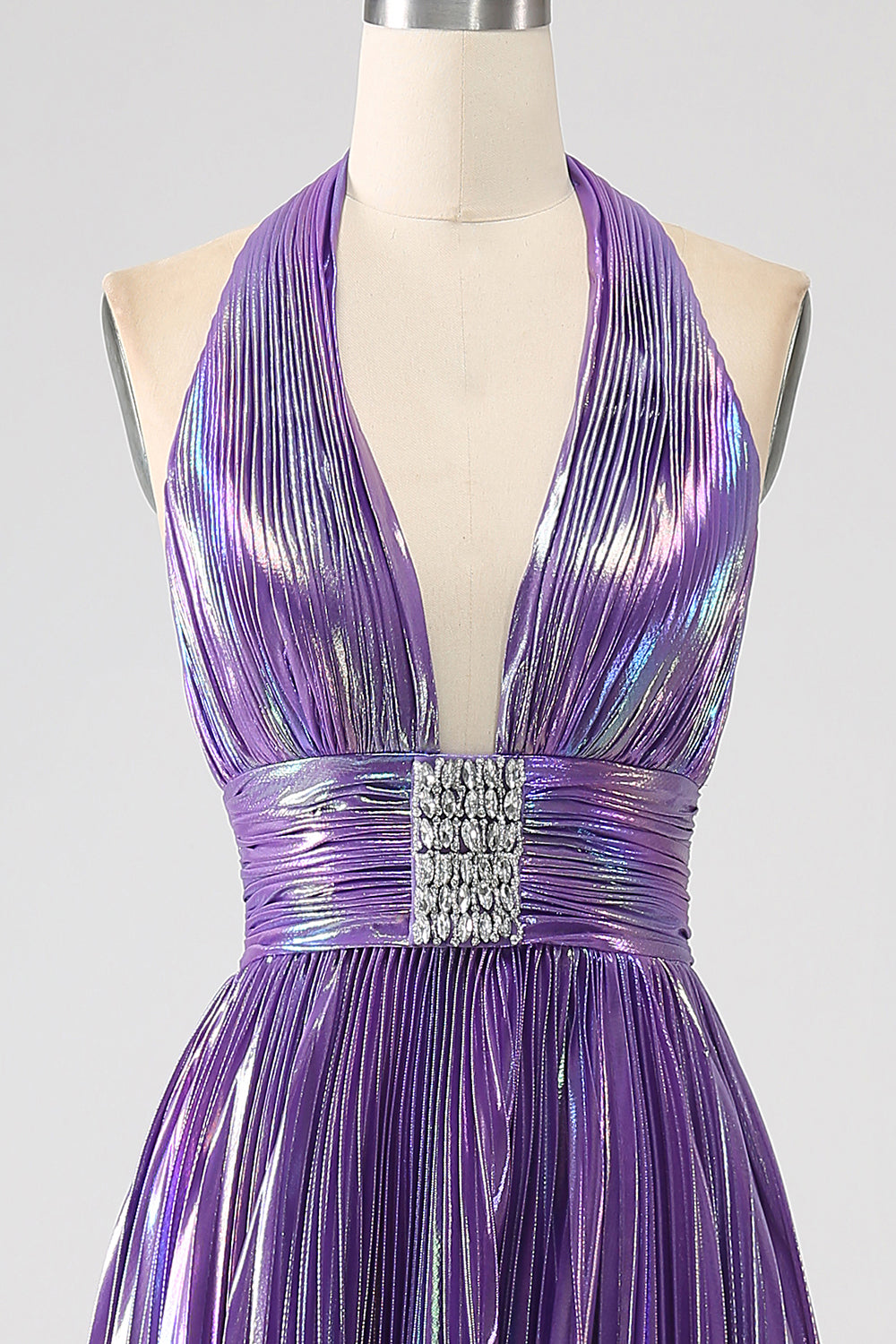 Sexy Purple Halter Pleated Metallic Long Prom Dress with Slit Charming Evening Party Dress