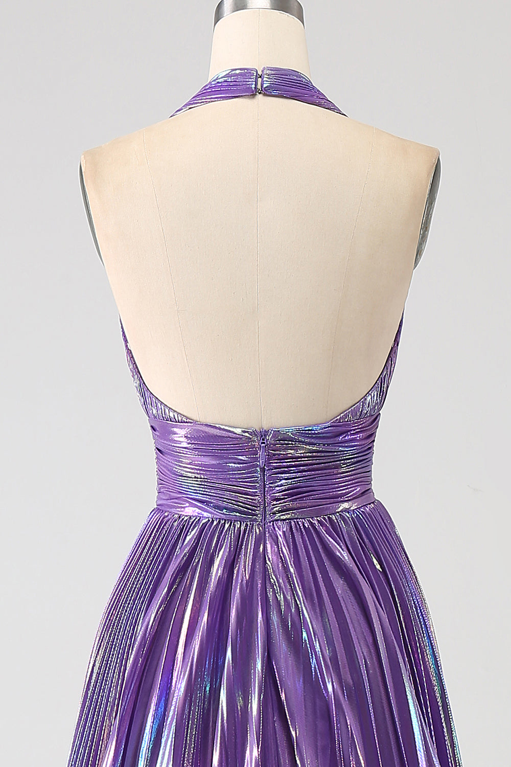 Sexy Purple Halter Pleated Metallic Long Prom Dress with Slit Charming Evening Party Dress