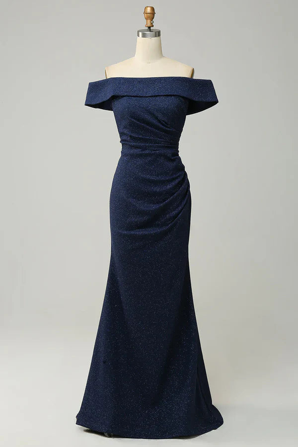 Navy Blue Off Shoulder Shining Tight Bridesmaid Dress Sexy Evening Dress