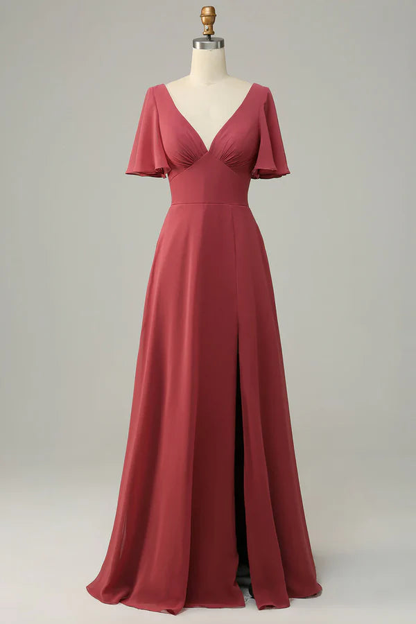 V-neck short sleeved backless bridesmaid dress With Slit Floor Length