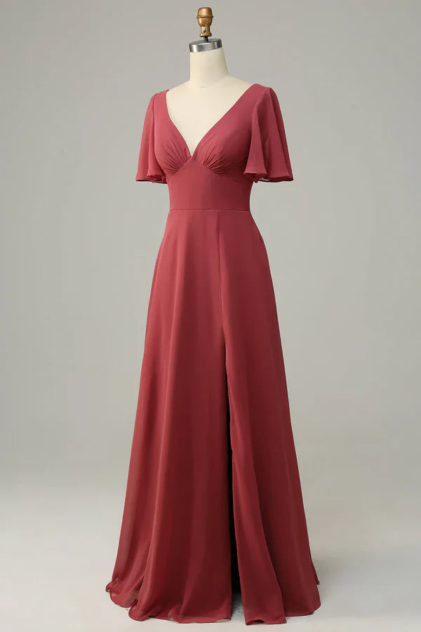 V-neck short sleeved backless bridesmaid dress With Slit Floor Length